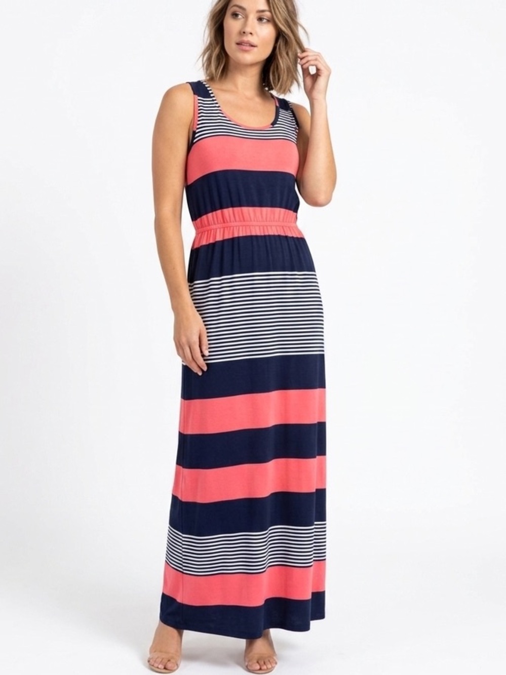 CHARLIE PAIGE Sleeveless Maxi Dress Horizontal Striped Blue Pink White Sz Small